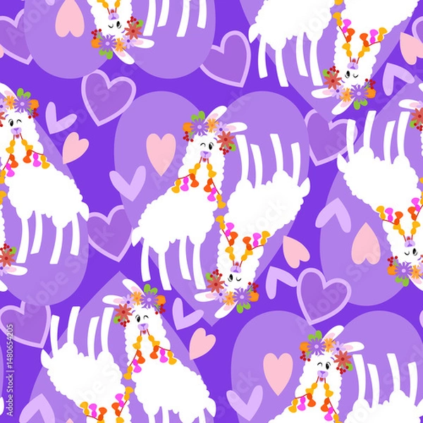 Fototapeta Cute llamas with flowers with hearts on purple background