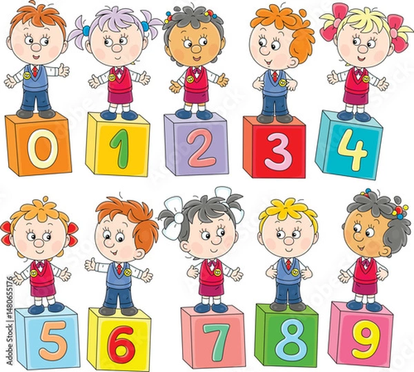 Fototapeta Happy little schoolboys and schoolgirls friendly smiling and standing on colorful number blocks, vector cartoon illustrations on a white background