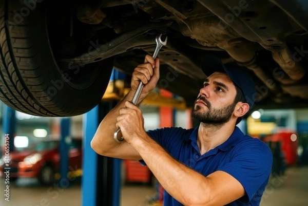 Fototapeta The male car mechanic worker is engaged in using a wrench tool to perform repairs and maintenance underneath a car in a garage where vehicle service checks are being conducted