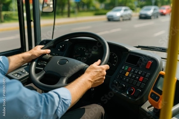 Fototapeta A modern bus is being driven by the hands of its driver, with a close-up on the steering wheel as the driver operates the passenger vehicle
