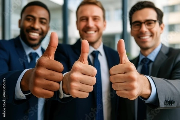 Obraz A team of corporate professionals show their endorsement and appreciation by giving a thumbs up, captured in a closeup of their affirming hand movements in the office
