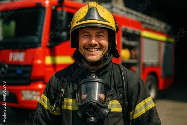 Fototapeta Picture of a smiling fireman equipped with a gas mask and helmet next to a fire engine