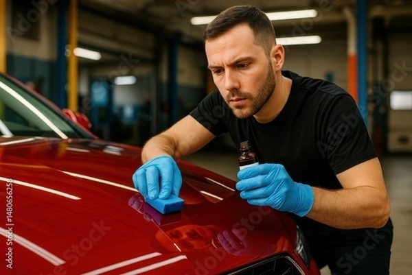 Obraz The worker at the car service is applying nano coating to the car's detail