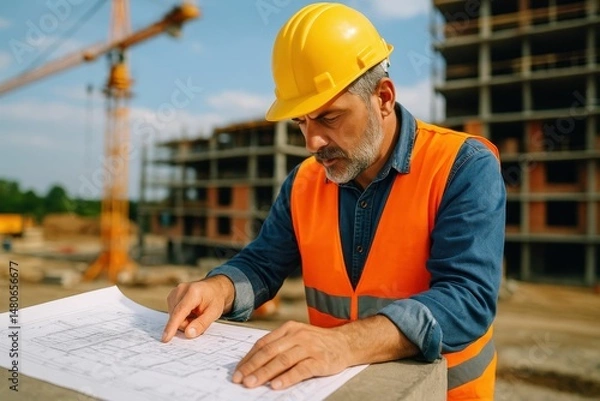 Obraz Construction worker, contractor, and developer, all part of a planning concept