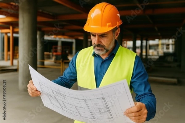 Obraz Architectural plan inspection is conducted by an engineer in the workplace