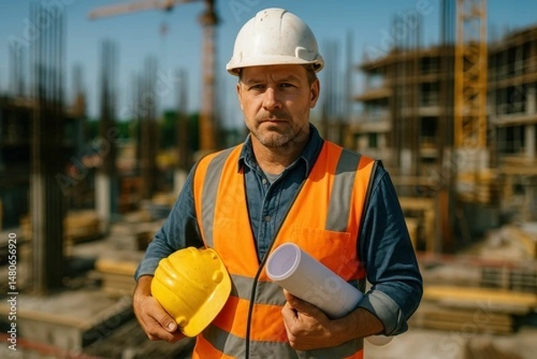 Obraz A foreman on a construction site is grasping a hard hat and looking at a blueprint