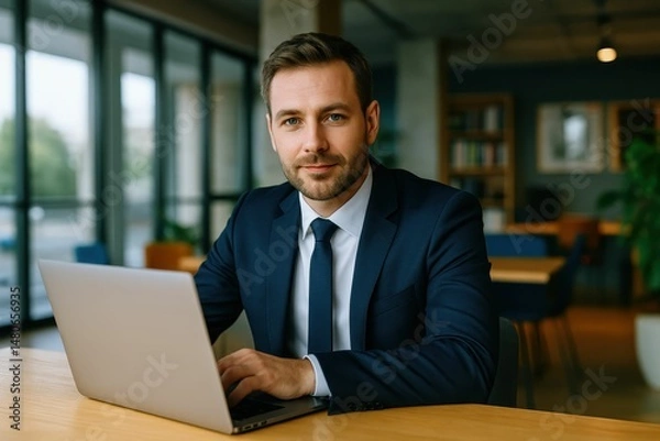 Obraz A corporate executive sits at a table, laptop open, and gazes directly at the camera in his office