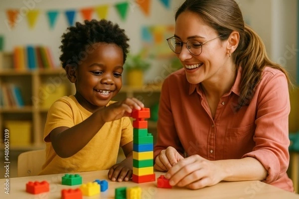 Obraz A black youngster and a specialist in child development are having fun building with bricks