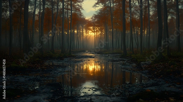 Fototapeta Sunlit autumn forest path reflected in still water