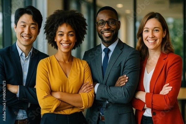 Obraz Businesspeople from various cultural backgrounds stand confidently with crossed arms, looking directly at the camera