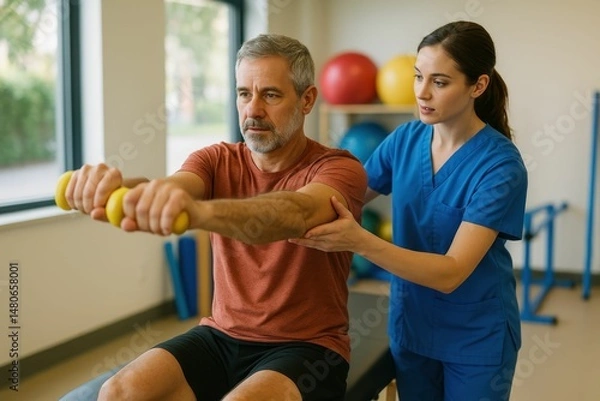 Obraz The patient is performing exercises at the physiotherapy clinic under the supervision of a therapist