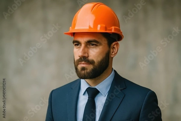 Obraz Image of a handsome construction worker or engineer in a hard hat and suit, possibly a mechanical worker or foreman, with a beard and copy space