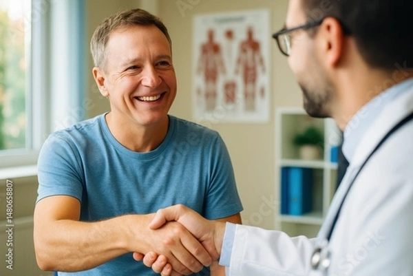 Obraz The doctor and happy patient are captured shaking hands in a selective focus image