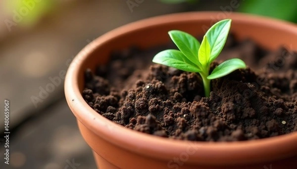 Obraz Close-up of rich, dark potting soil in a terracotta pot, ready for planting , natural, detail