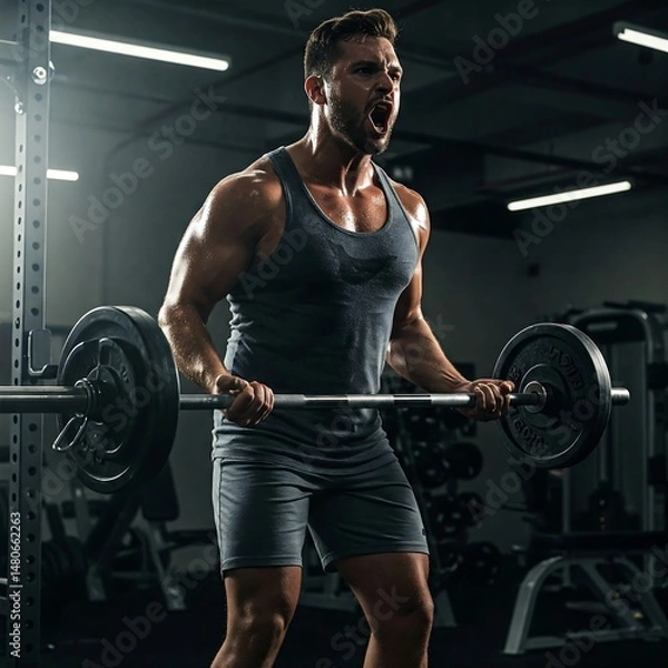 Obraz Intense Barbell Bicep Curl Workout by Muscular Man in Gym – Strength Training Fitness Motivation Image

