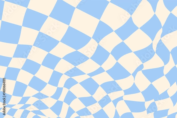 Fototapeta Checkerboard pattern with wavy check background and trippy chess texture. Warped board design with abstract black and white swirl grid. Retro textile with seamless squiggle motion and liquid tile