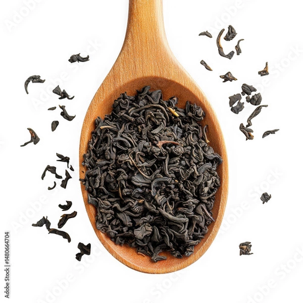 Fototapeta Black tea leaves in wooden spoon isolated on transparent background for culinary, health, and beverage designs.
