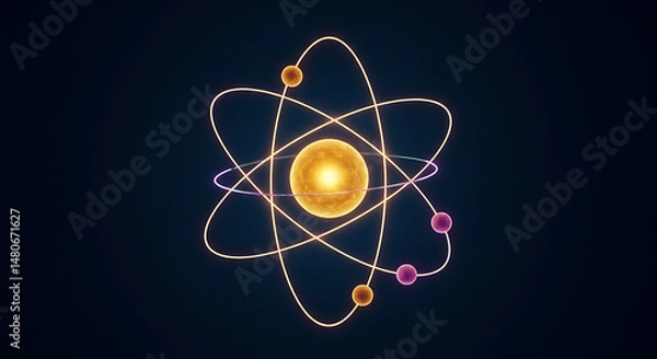Fototapeta Conceptual 3D atom model. A visual representation of atomic structure, orbits, and energy levels, perfect for science education or design.