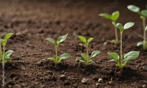 Fototapeta Several bean seedlings in soil, various growth stages,  field,  growth