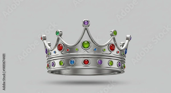 Obraz Detailed view of a silver crown ornamented with vibrant, colorful gems, set against a light grey backdrop. Exquisite royal jewelry.