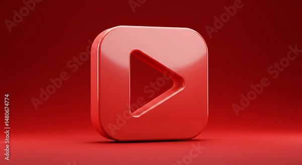Fototapeta A red play button icon rendered in 3D with glossy highlights, isolated against a matching red background, signifies playback or action initiation.