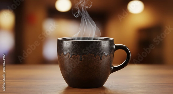 Obraz A warm drink: a steaming mug sits on a wooden table with a blurred background that suggests a cozy caf? or coffee shop atmosphere.