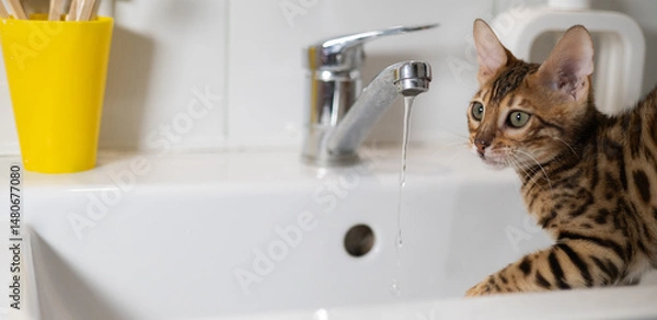 Fototapeta Adorable Bengal kitten explores the bathroom sink, reaching for the stream of fresh water flowing from the faucet, showing curiosity and playfulness. Kitten explores water flowing from the faucet.