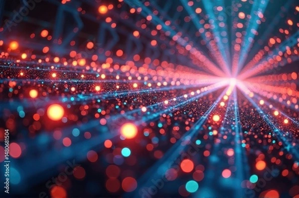 Fototapeta Abstract neon light burst with blue and red glowing particles in depth perspective