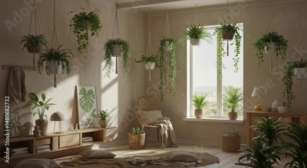 Fototapeta Sunlit Room with Hanging Plants and Wooden Furniture