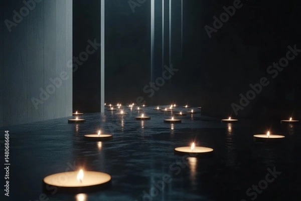 Fototapeta Dark corridor lit by many small candles