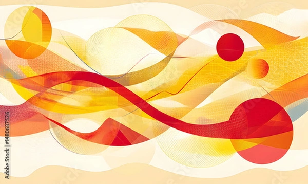 Obraz Abstract artwork featuring flowing, vibrant red and yellow shapes on a cream background.  Dynamic curves and translucent circles create a sense of movement and energy