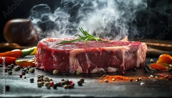 Obraz A large, raw beef steak with rosemary and smoke swirling around it on the table, surrounded by spices and vegetables. The focus is sharp on the meat, highlighting its texture and colors against a dark