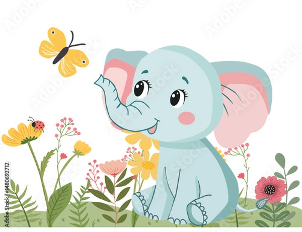 Obraz  baby elephant in the meadow looks at the butterfly