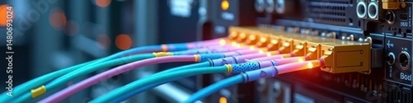 Fototapeta Close-up of fiber optic cables connected to network switch in data center