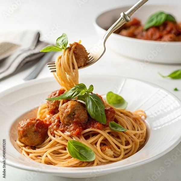 Obraz Spaghetti and meatballs in tomato sauce on a plate of Italian pasta
