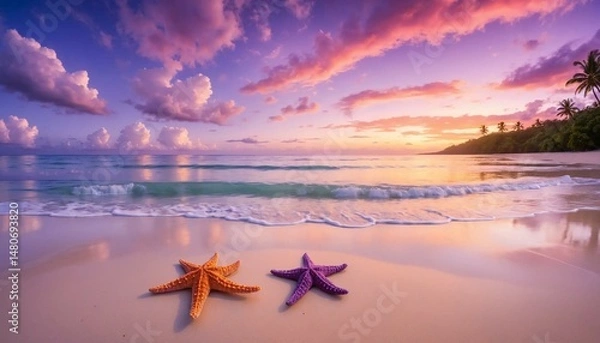 Obraz Two starfish on a serene tropical beach under a spectacular Milky Way galaxy and starry night sky, gentle waves.