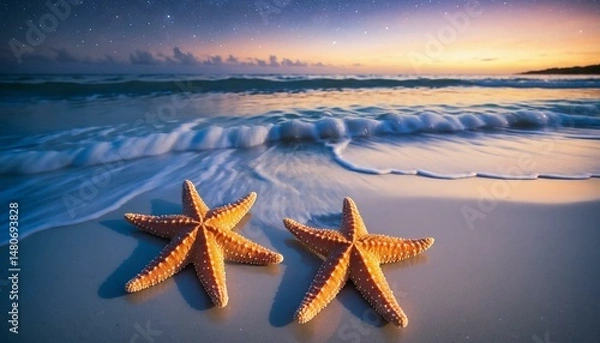 Obraz Two orange starfish resting by the ocean's edge, under a beautiful night sky with countless stars and distant lights.
