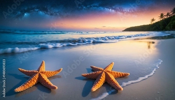 Obraz Peaceful tropical night: Two starfish on the shore, with gentle waves lapping under a starry, early night sky.