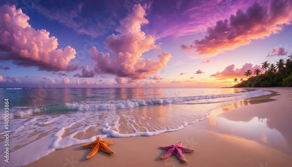 Obraz Romantic stargazing: Two orange starfish on a quiet beach, with the brilliant Milky Way arching across the night sky.