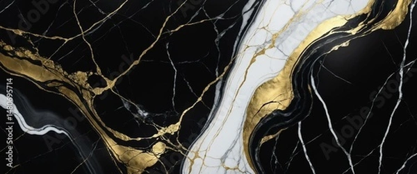 Fototapeta Luxurious black marble is dramatically veined with rivers of brilliant gold and contrasting white cracks, creating a stunning abstract.