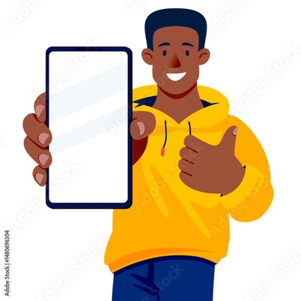 Fototapeta Man holds his thumb up and showing mobile app. Vector illustration. Mockup design element with smartphone blank screen