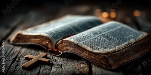 Obraz Ancient Bible and Cross: An antique Bible lies open, its aged pages revealing the passage of time, alongside a simple wooden cross; a scene that evokes faith, spirituality, and quiet contemplation. 
