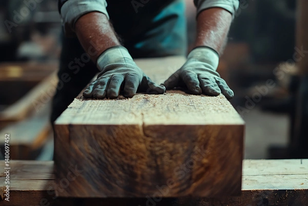 Fototapeta Carpenter Working with Large Wood Block