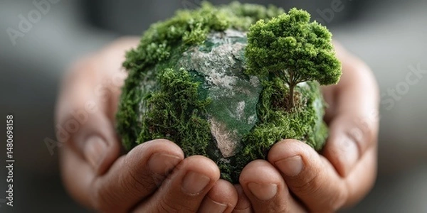 Obraz Holding the Earth: A person cradles a miniature model of Earth, lush with vibrant green forests and oceans, emphasizing the importance of environmental conservation and global stewardship.
