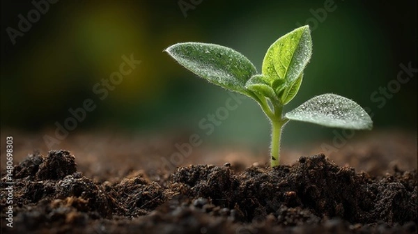 Obraz A 4K photo of tiny Green Sprout Emerging from Rich Soil Symbol of New Life and Opportunity.