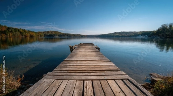 Obraz A 4K photo of tranquil Wooden Dock Overlooking Calm Lake and Scenic Horizon Under Blue Sky.