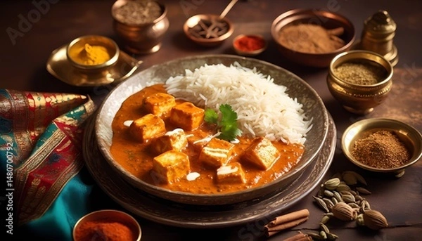 Fototapeta paneer butter masala with rice