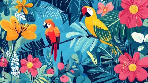 Fototapeta A tropical jungle scene illustrated in bold, flat colors with exotic birds, lush foliage, and vibrant flowers
