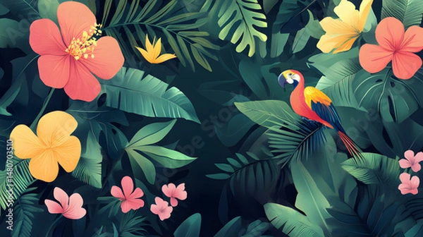 Fototapeta A tropical jungle scene illustrated in bold, flat colors with exotic birds, lush foliage, and vibrant flowers