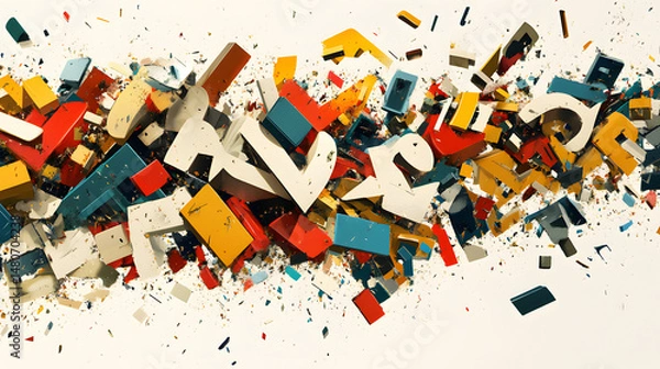 Fototapeta An abstract typographic composition with deconstructed letters scattered in a dynamic and chaotic arrangement